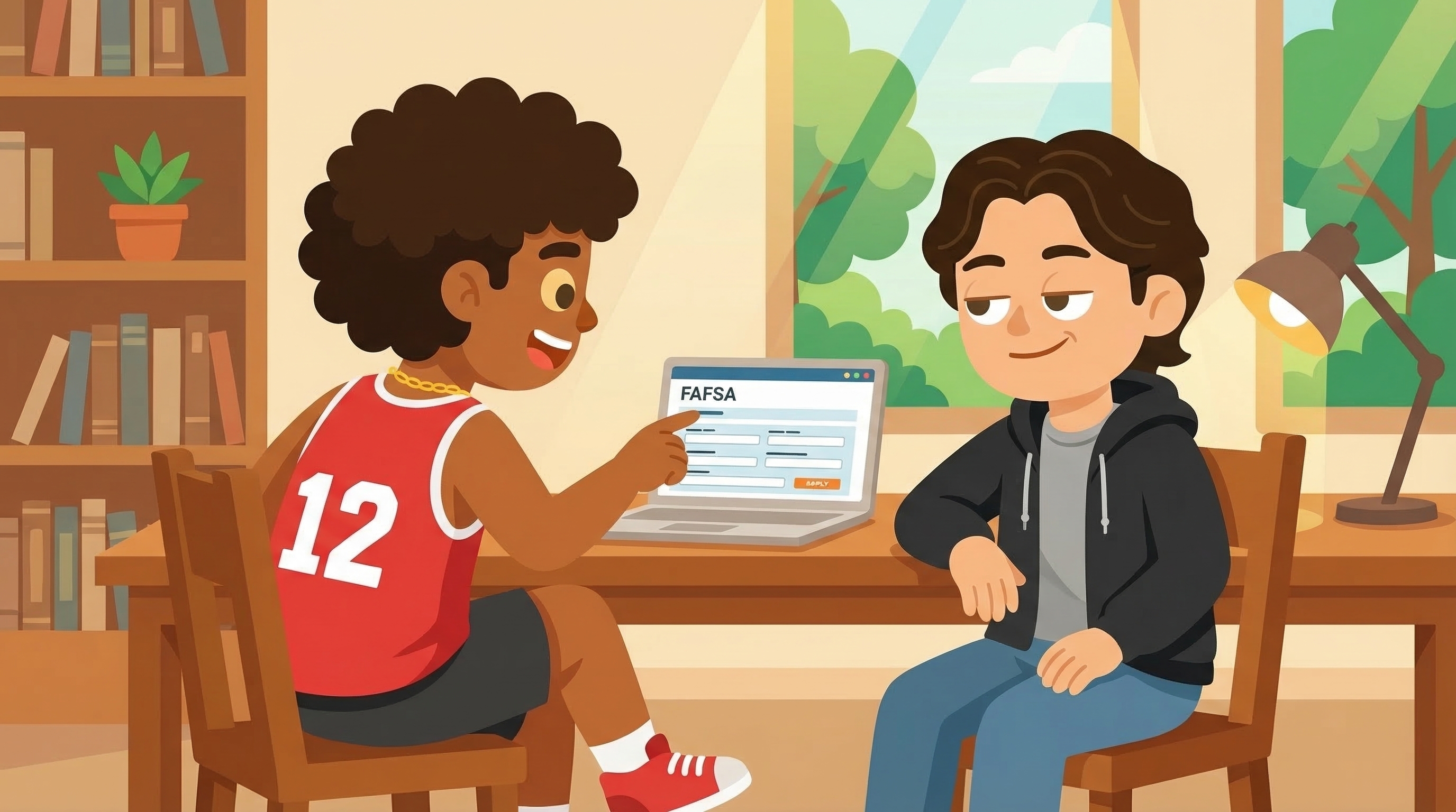 Two students helping each other with FAFSA