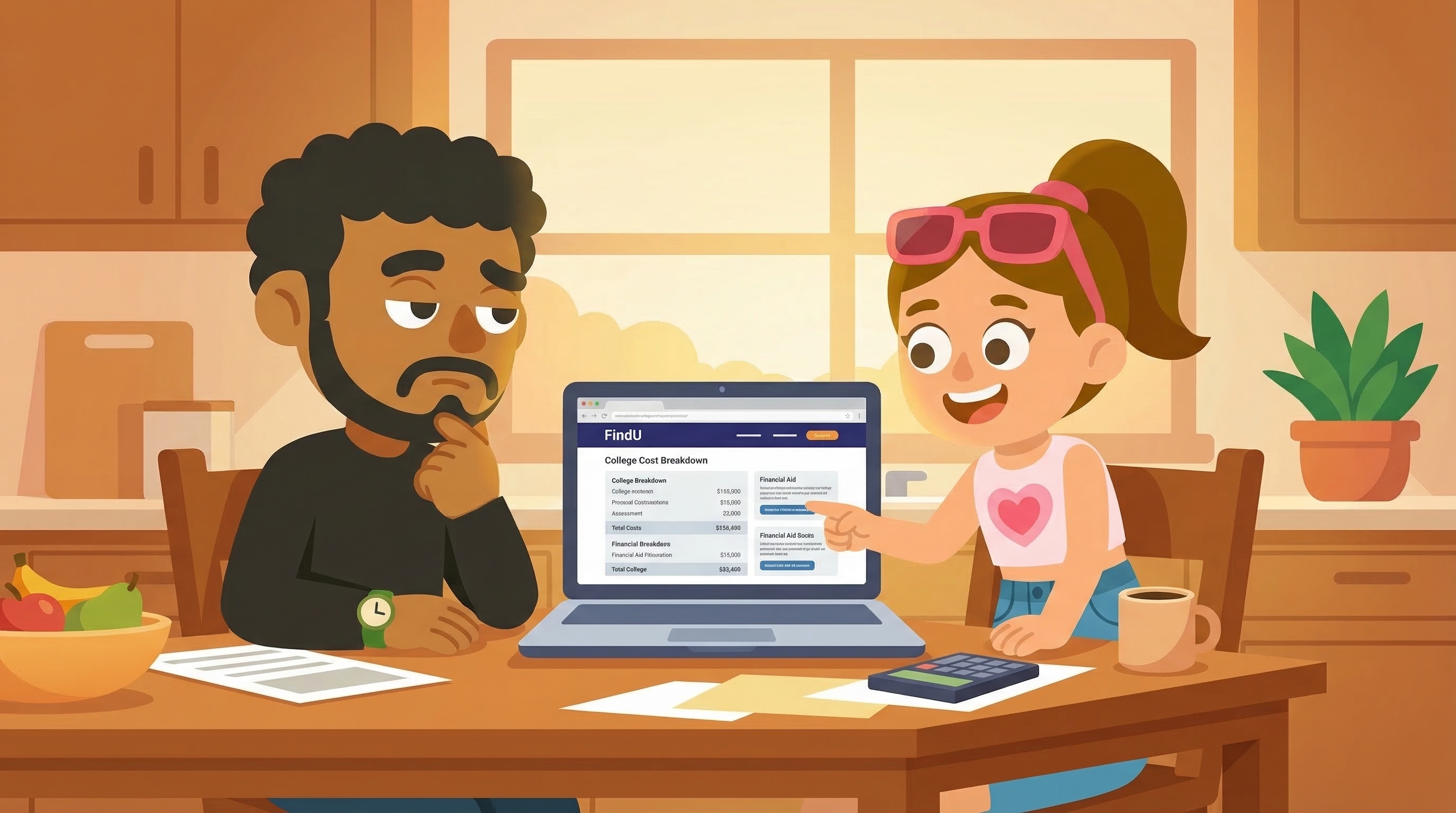 Parent and student looking at college finances together