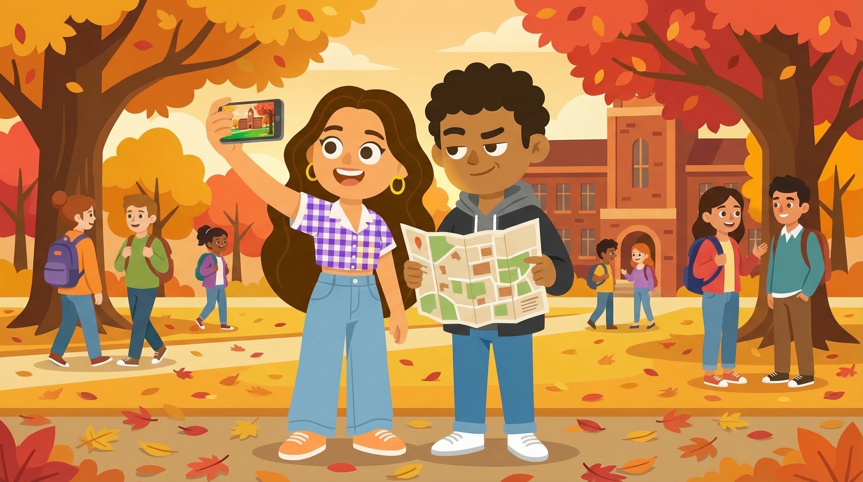 Two students exploring a college campus