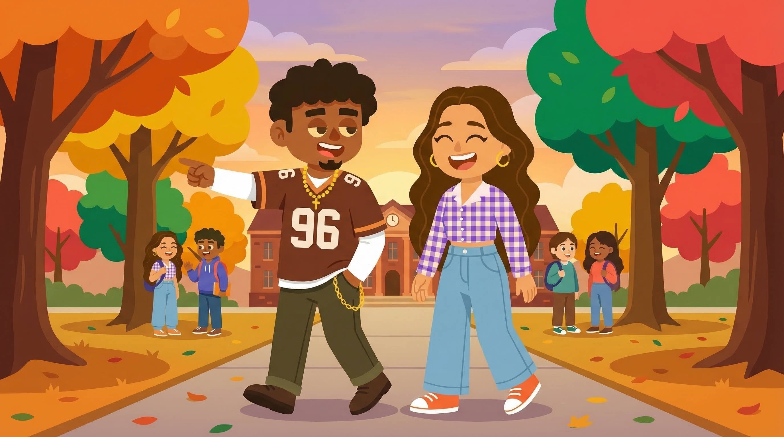 Two students walking confidently down a campus path together