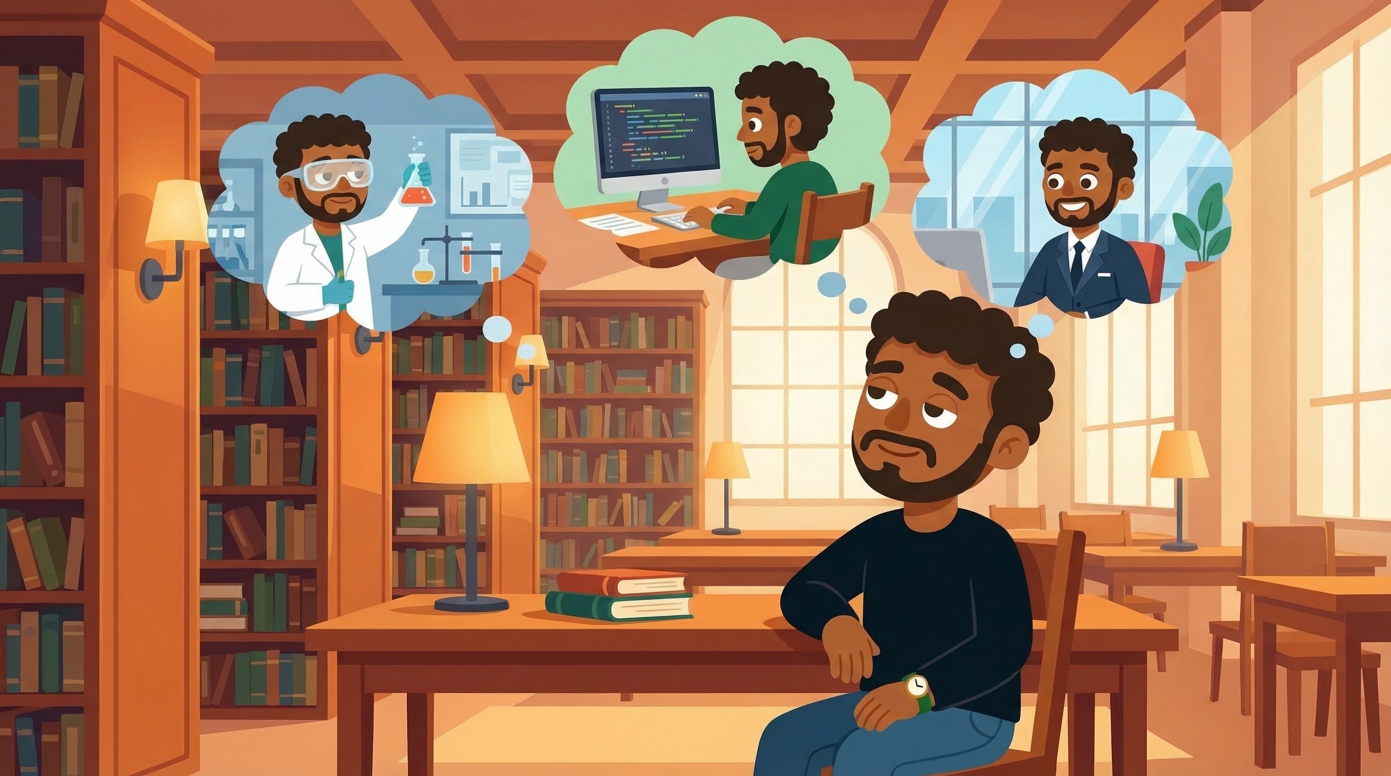 Student in a library looking up thoughtfully, imagining future career paths