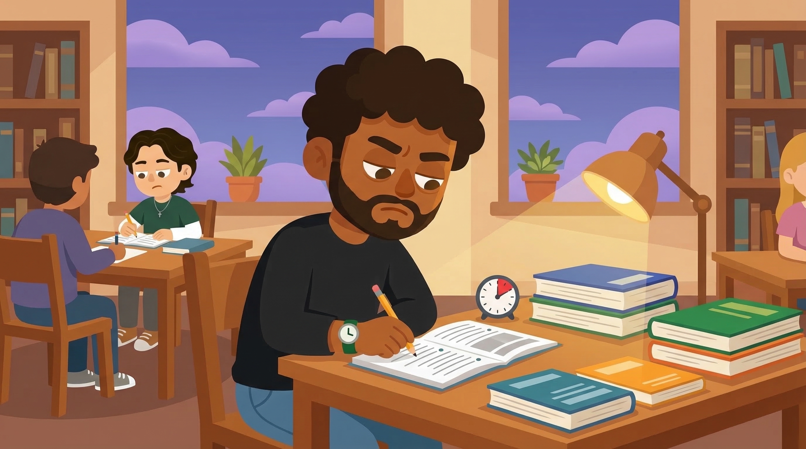 Student studying for a test at the library